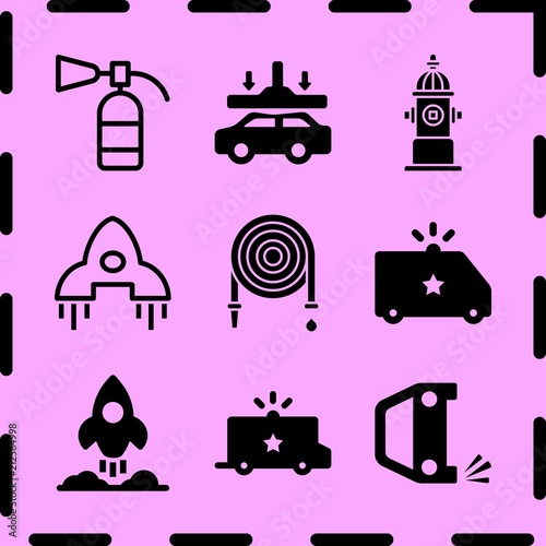 Simple 9 icon set of fire related destroying car, police van, rocket ship and overturned car vector icons. Collection Illustration