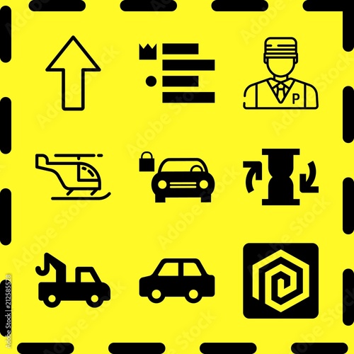 Simple 9 icon set of business related normal car, valet, seo and car and padlock vector icons. Collection Illustration