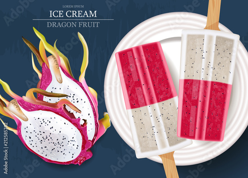 Dragon fruit ice cream Vector realistic. Product packaging mock up. Label men...