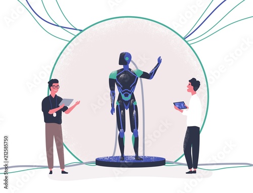 Pair of people standing beside android and controlling it with tablet pc. Presentation of modern anthropomorphic robot, technological breakthrough. Colorful vector illustration in flat cartoon style.