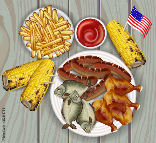 BBQ, Grilled corn, fish and french fries Vector realistic. Delicious fast foo...