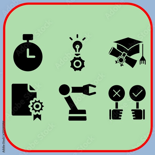 Simple 6 icon set of business related graduation, robotic arm, idea and certificate vector icons. Collection Illustration