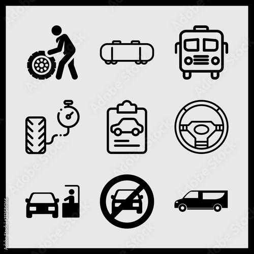 Simple 9 icon set of car related wheel, bus, insurance and steering wheel vector icons. Collection Illustration