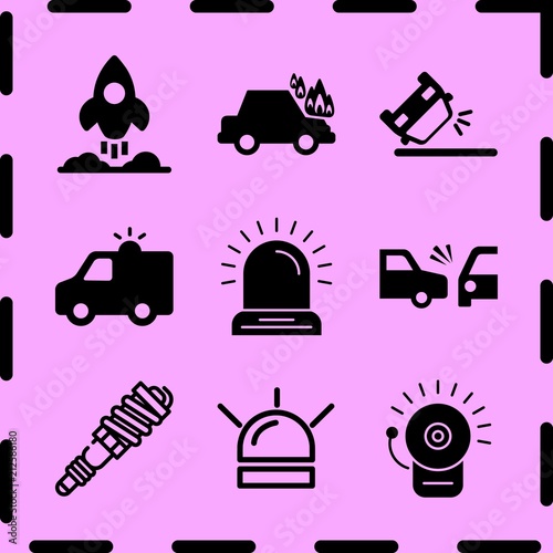 Simple 9 icon set of fire related side crash, ambulance with light, car on fire and spark vector icons. Collection Illustration