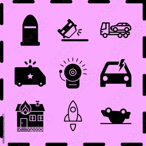 Simple 9 icon set of fire related evacuator, burning house, police van and overturned car vector icons. Collection Illustration
