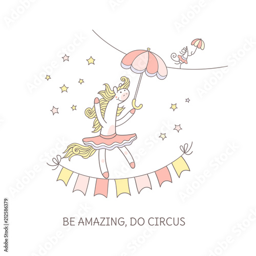 Be amazing do circus. Sweet pony and mouse are playing circus.