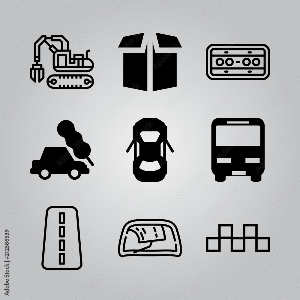 Simple 9 icon set of transport related bus vehicle, box, squares transports symbol and excavator vector icons. Collection Illustration Simple 9 icon set of transport related bus vehicle, box, squares transports symbol and excavator vector icons. Collection Illustration