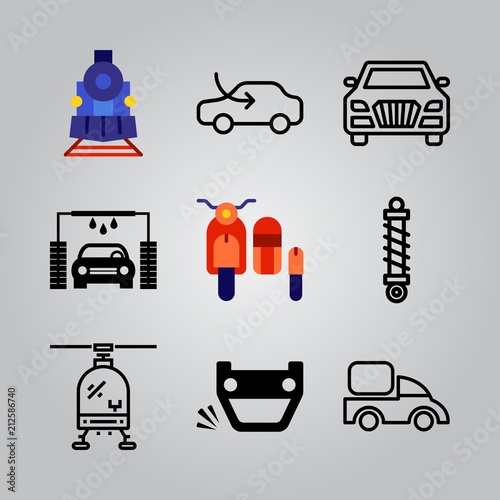 Simple 9 icon set of transport related truck outline, helicopter, car and overturned vehicle vector icons. Collection Illustration
