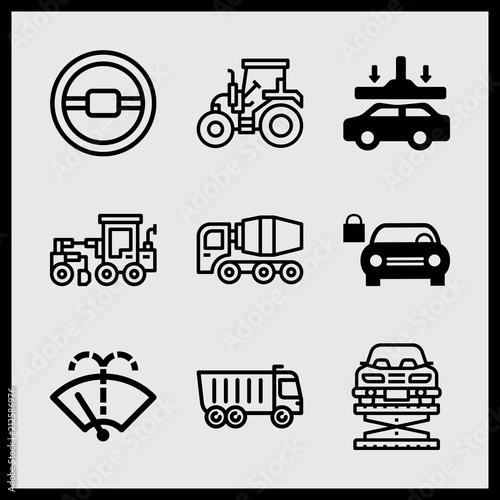 Simple 9 icon set of car related elevator, bulldozer, car and padlock and steering wheel vector icons. Collection Illustration