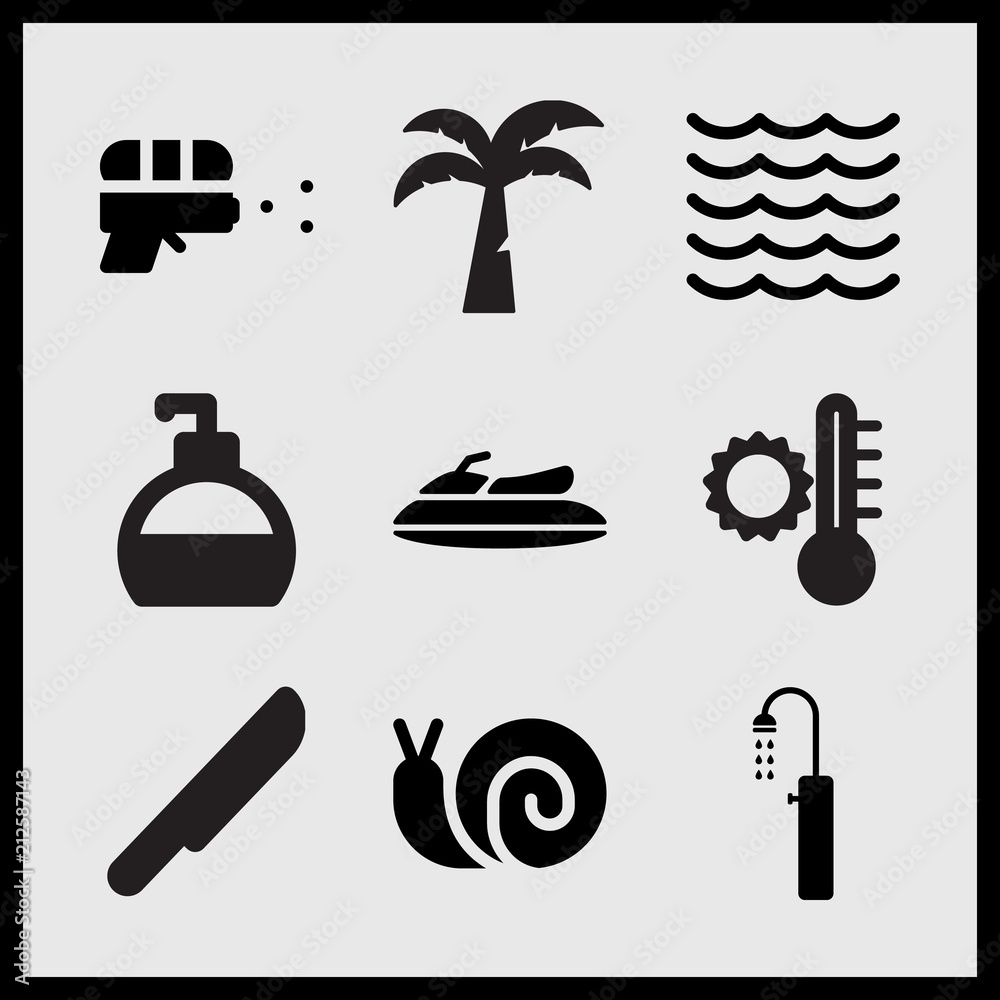 Fototapeta premium Simple 9 set of Summer related sea, snail, coconut tree and summer temperature vector icons