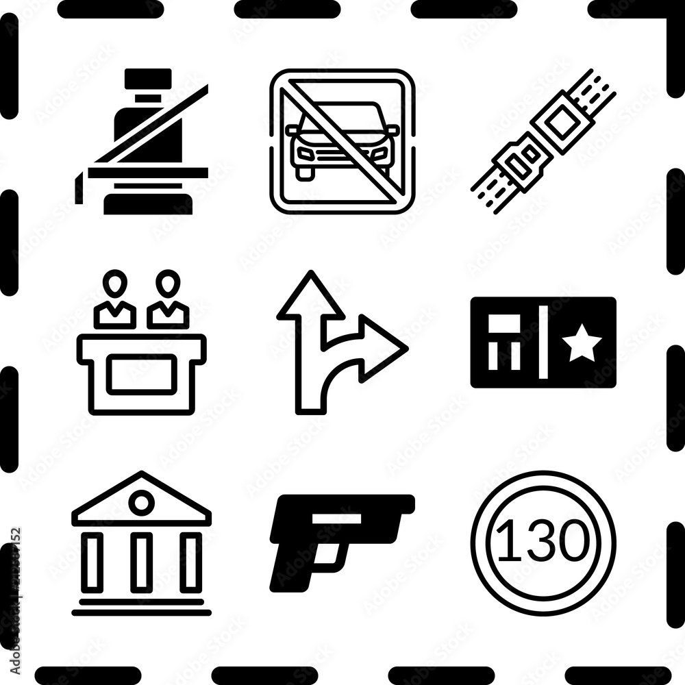 Simple 9 icon set of law related police badge, gun, speed limit and no parking vector icons. Collection Illustration Simple 9 icon set of law related police badge, gun, speed limit and no parking vector icons. Collection Illustration