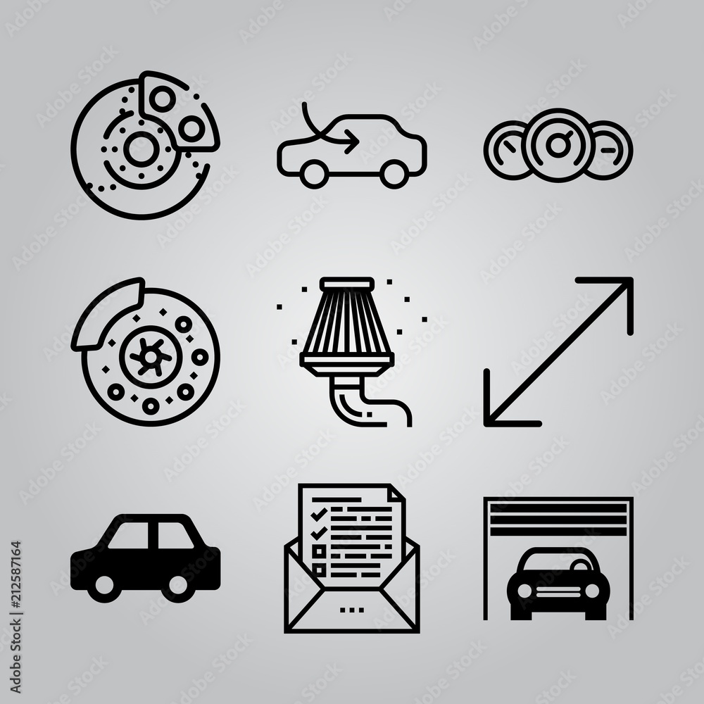 Simple 9 icon set of electronics related test, dashboard, car and normal car vector icons. Collection Illustration Simple 9 icon set of electronics related test, dashboard, car and normal car vector icons. Collection Illustration