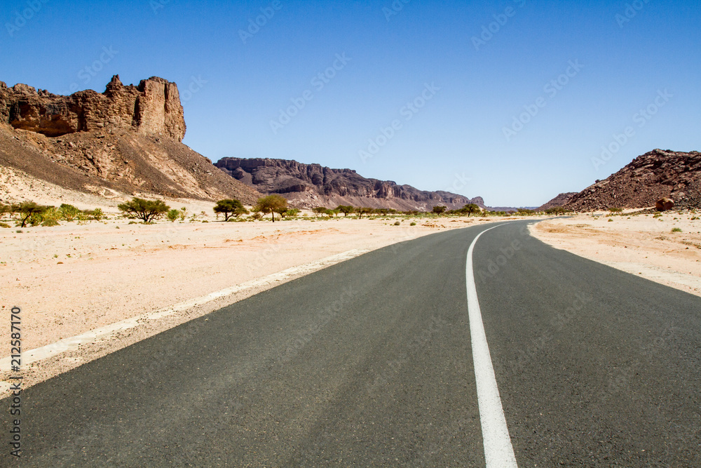 Empty straight and long road in the Sahara Desert, South Algeria, Africa