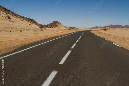 Empty straight and long road in the Sahara Desert, South Algeria, Africa © krysek