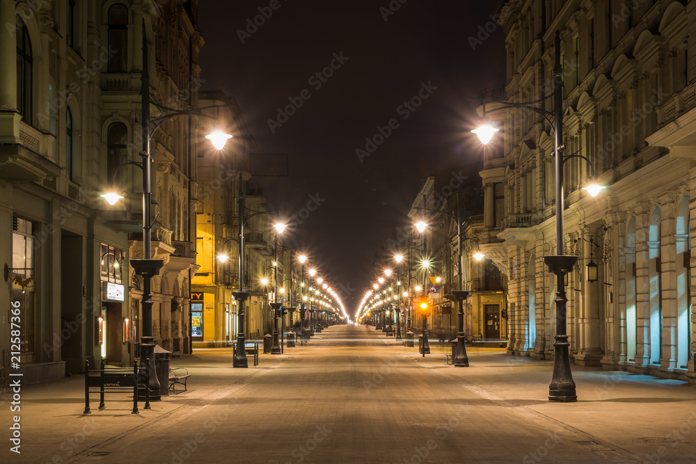 Piotrkowska street at night in Lodz city, Lodzkie, Poland