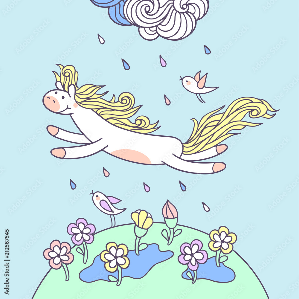 Fototapeta premium Happy rainy day.Cute pony character for kids design. 