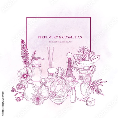 Square border decorated with perfume or toilet water in glass flasks and blooming flowers drawn with pink contour lines on white background