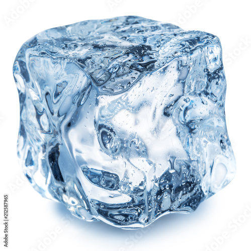 Ice cube with water drops. Clipping path.