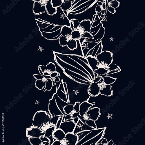 Endless vertical border with stylized jasmine flowers for romantic design.