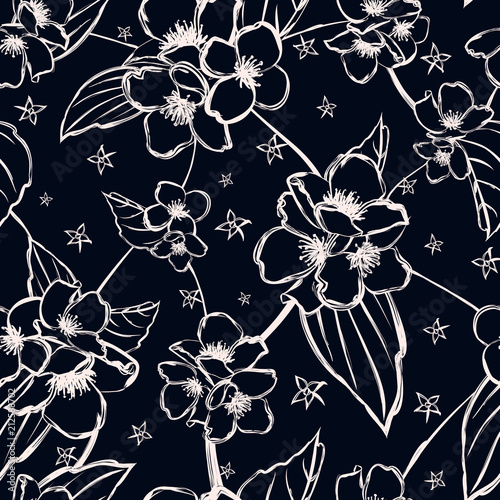 Vector seamless pattern with stylized jasmine branches for floral design.