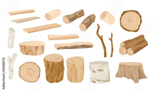 Collection of wooden logs, tree branches, lumbers, timber sawn into rough planks isolated on white background. Set of lumber and industrial wood. Colorful vector illustration in realistic style.