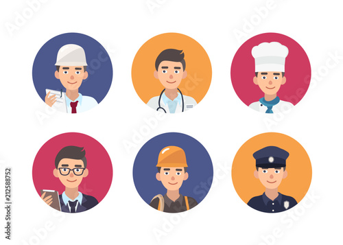 Set of round portraits of happy people of various professions