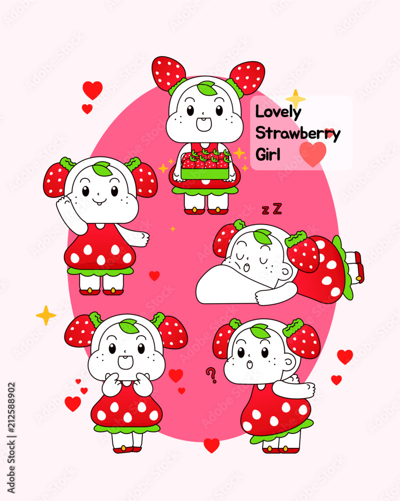 Lovely strawberry girl with 5 different actions