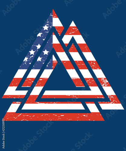 Valknut Norse mythology god Odin heart rune vector illutration with the American flag.