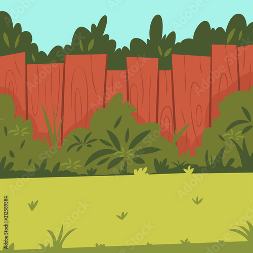 Backyard with wooden fence, garden, bushes and tree. Vector cartoon illustration.