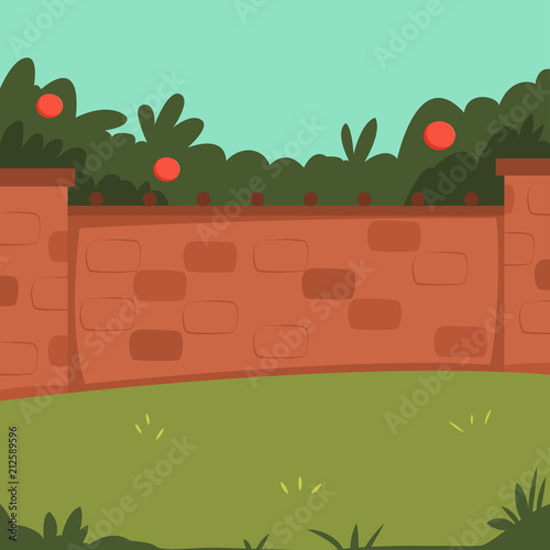 Home backyard with brick fence, garden and apple tree. Vector cartoon illustration.