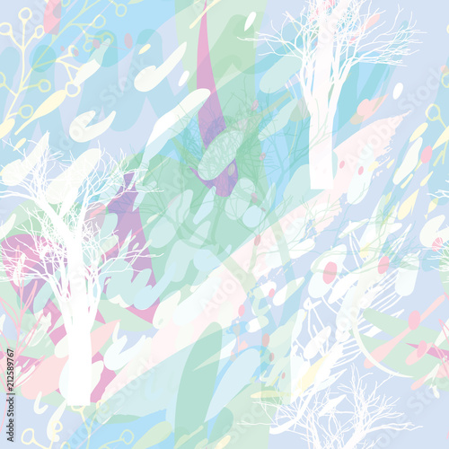 Military camouflage texture with trees, branches, grass and watercolor stains