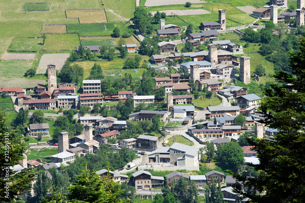 Fototapeta premium Svan towers in Mestia, Svaneti, Georgia