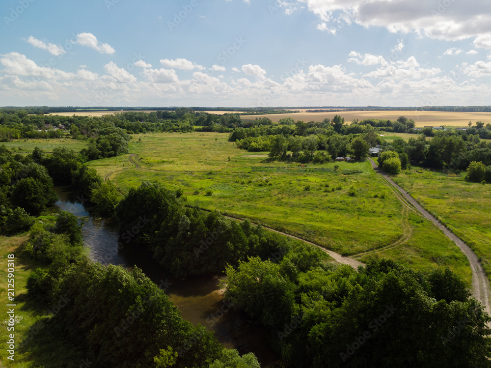 provincial landscape with river in middle strip of Russia