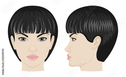 The face of a girl with short black hair and gray eyes in front and side