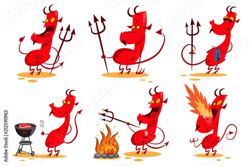 Devil cartoon character set. Funny demon with horns, tail and trident. Сute red monster in different poses. Vector illustration isolated on white background.