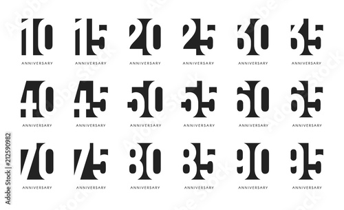 Anniversary logo, negative space stylized signs, anniversary celebrate emblems, century numbers collection, birthday black signs set on white background.