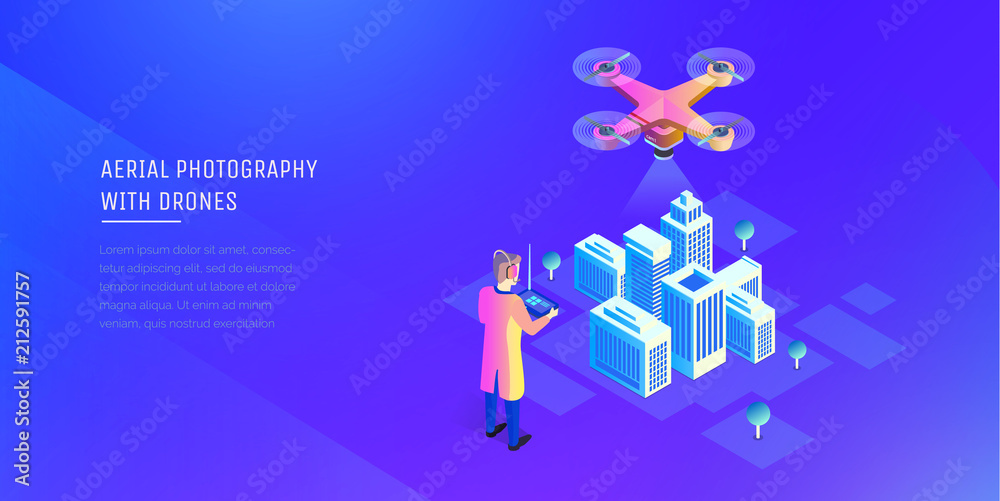 Obraz premium Aerial photography. The man is holding the control panel of the drone. Video surveillance system. Dron takes photos of a smart city. Modern vector illustration isometric style.