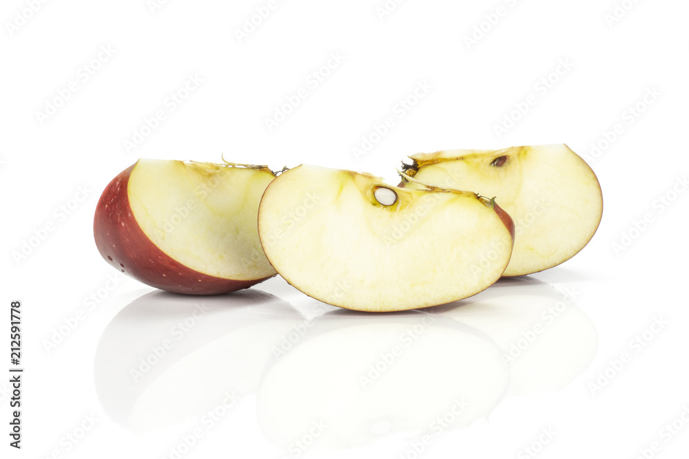 Red delicious three apple slices isolated on white background. Red delicious three apple slices isolated on white background.