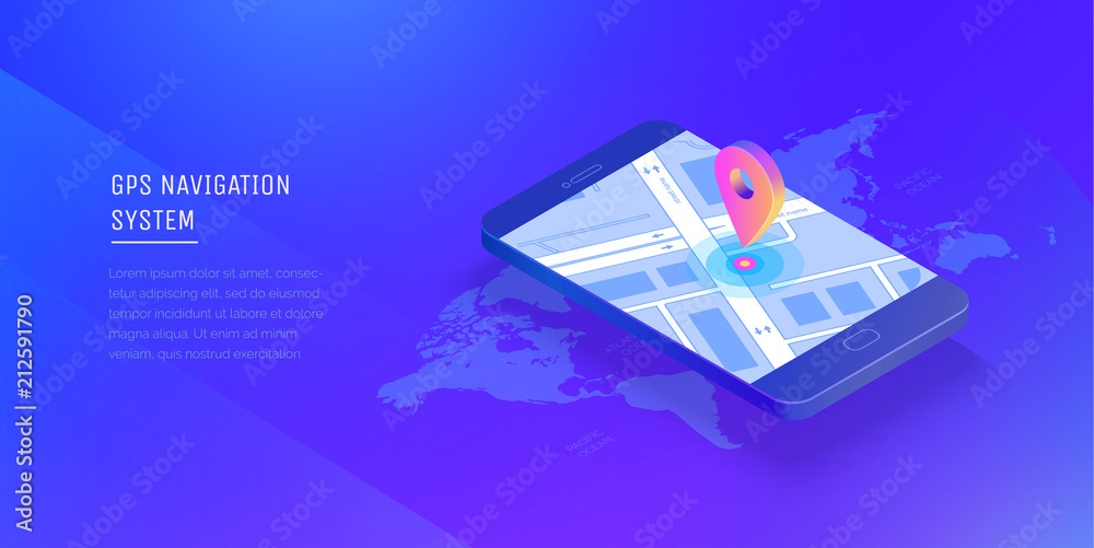 Vecteur Stock Gps navigation system. Mobile application for navigation. Gps  smart tracker. Mobile phone is a mark on the map. Modern vector  illustration isometric style. | Adobe Stock