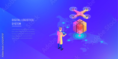 The modern system is logistic. A man with a wireless remote control the cargo copter. Fast shipping. Delivery to anywhere on the map. Modern vector illustration isometric style.