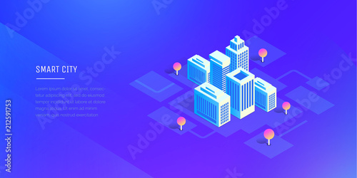 Smart city. Futuristic buildings on an abstract ultraviolet background. Modern vector illustration isometric style.