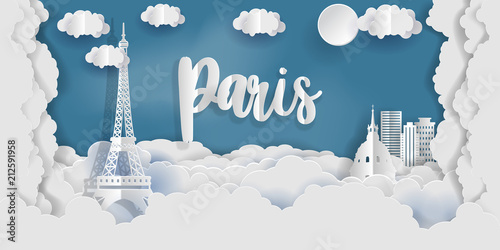Paris in paper cute style with city and Eiffel tower, France. Papert art cut style vector illustration.