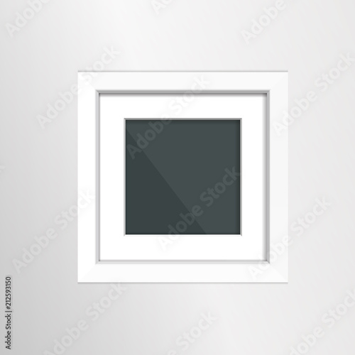 Photoframe mock up on the wall. Simple white empty framing. Template for poster, picture, painting. Vector.