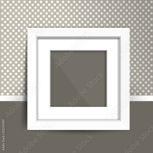 Photoframe mock up on the wall. Simple white empty framing. Template for poster, picture, painting. Vector.