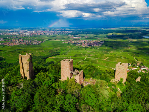 Ruins of Three castles near Colmar, Alsace. Aerial drone view