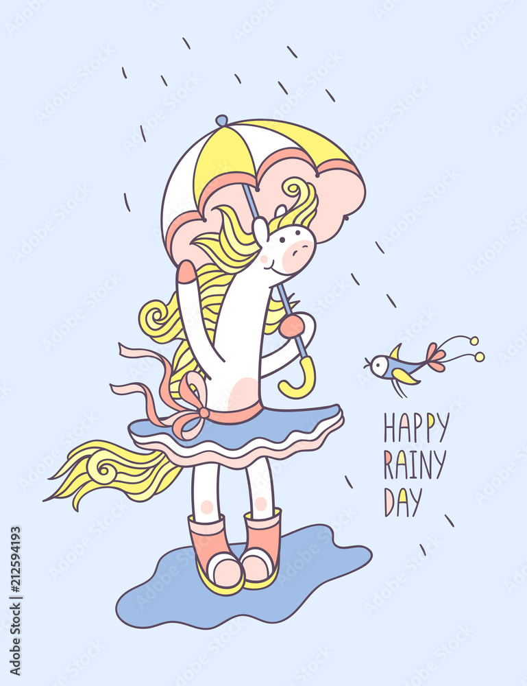 Happy rainy day. Cute animal character for kids design.