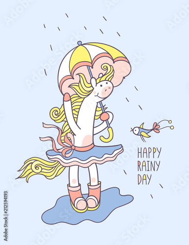 Happy rainy day. Cute animal character for kids design.