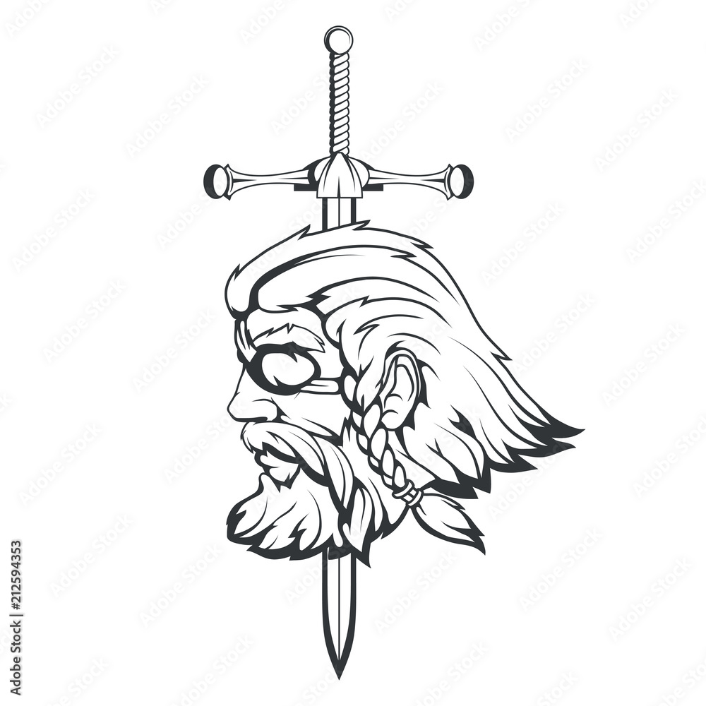 Scandinavian supreme god of Norse mythology - Odin. Hand drawing of Odin  Head. Cartoon bearded man character. God Odin, Wotan tattoo. Traditional  norse ornament. Vector graphics to design Stock Vector | Adobe Stock