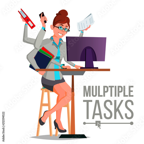 Multiple Tasks Business Woman Vector. Many Hands Doing Tasks. Professional Occupation. Flat Cartoon Illustration