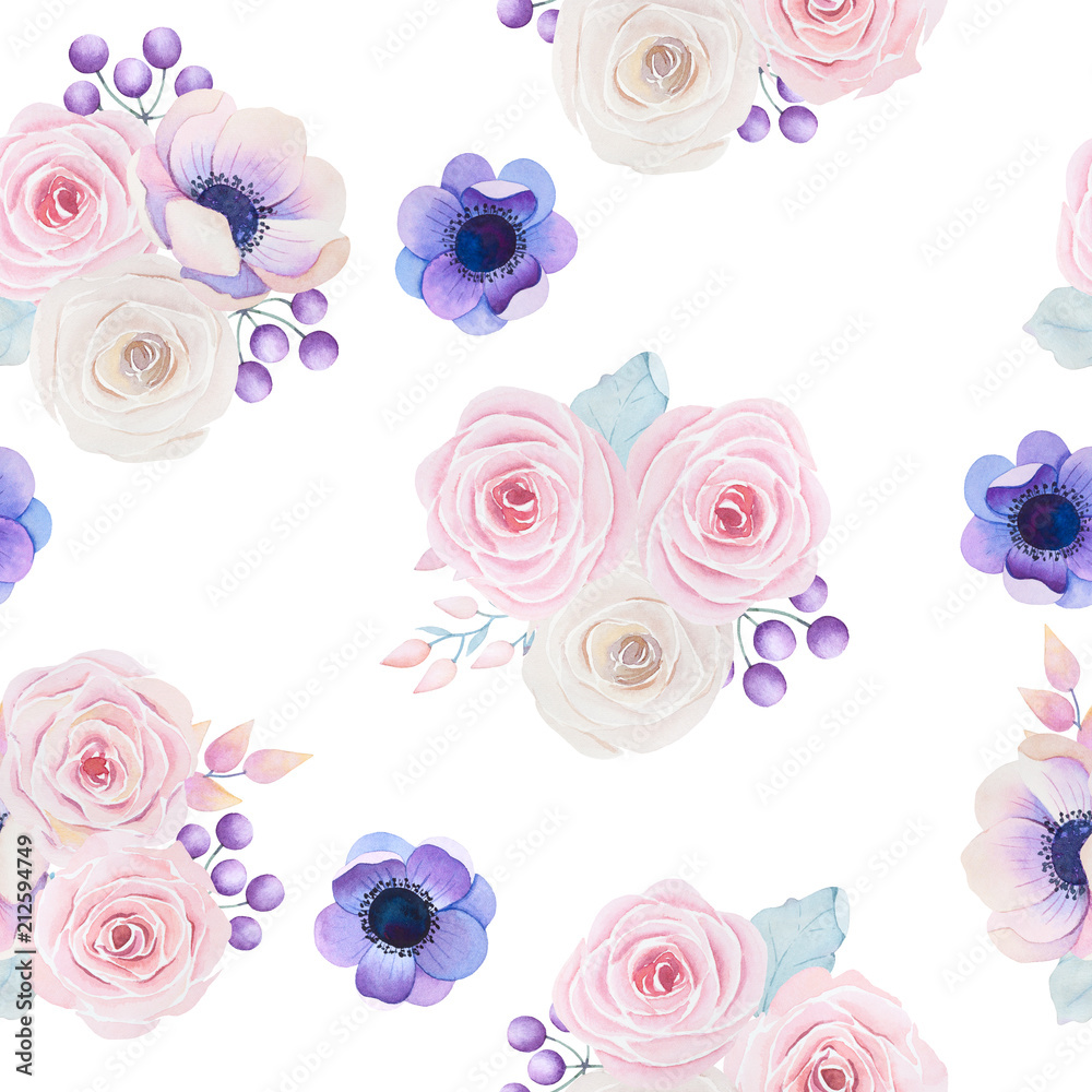 Seamless pattern with watercolor bouquets
